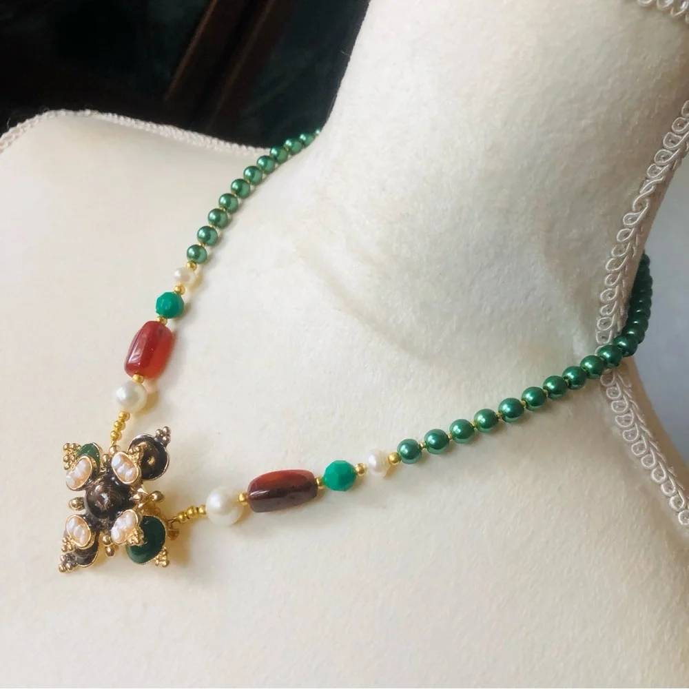 Handcrafted repurpose regal look pendant Czech glass Pearl necklace